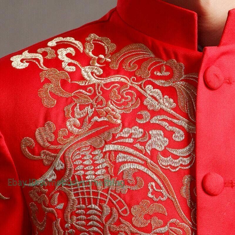 Men Red Tang Suit Chinese Wedding Suit Jacket Embroidery Pattern Jacket
