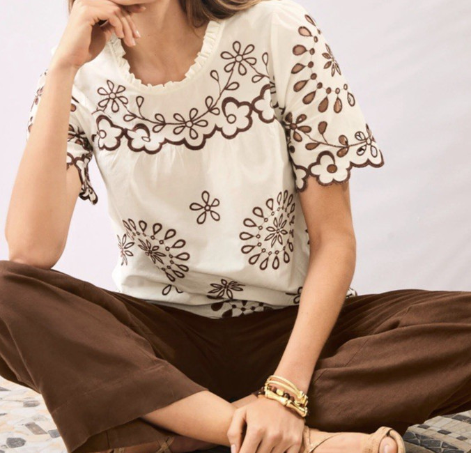 NWT NEW SUMMER TALBOTS SIZE LARGE EMBROIDERED VOILE TOP IVORY / BROWN $119.00