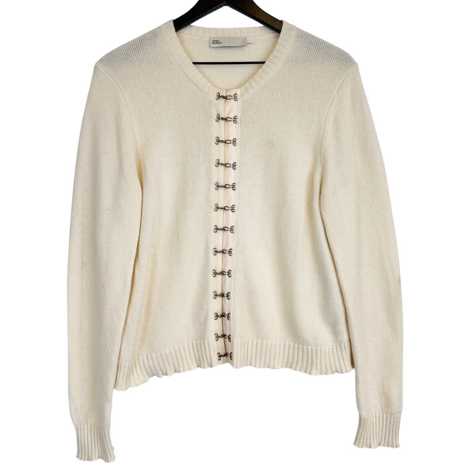 Tory Burch Hook-And-Eye 100% Cashmere Cardigan Sweater Cream – L