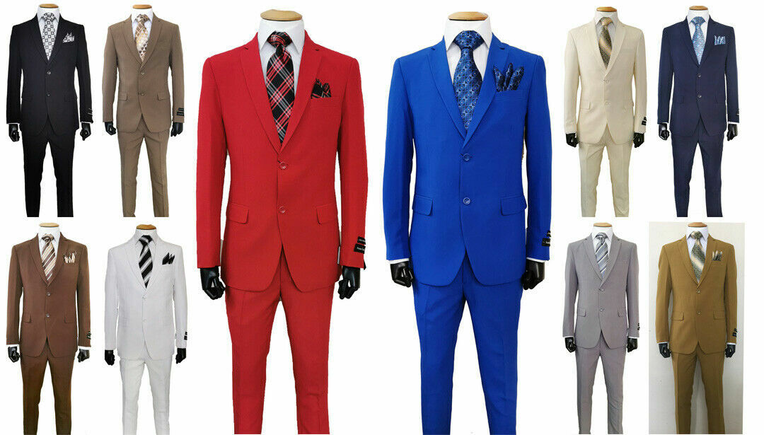 Men’s Formal Slim Fit Suit 2 Piece Two Button Solid Colors (10) Jacket & Pants
