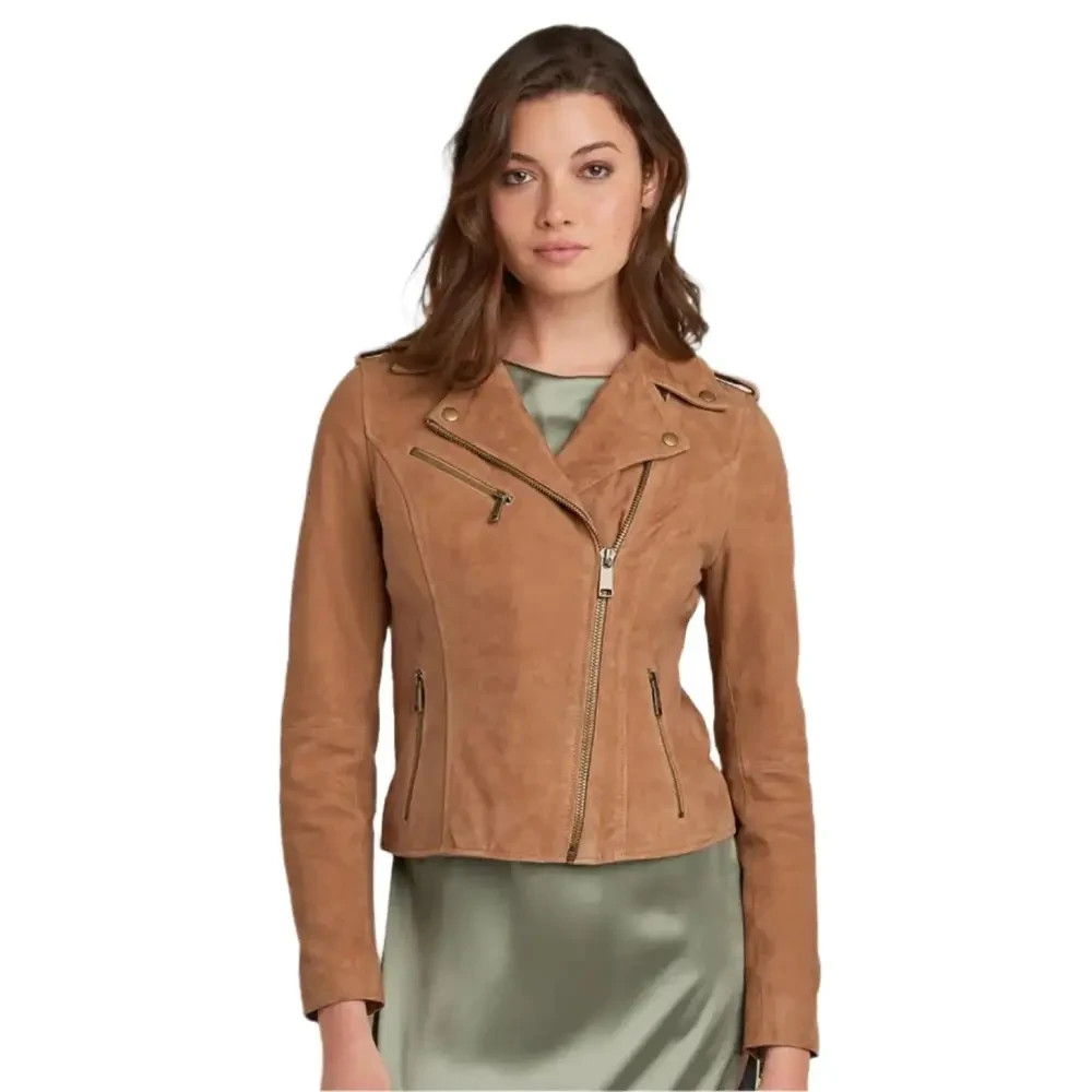 Women’s Tan Brown Suede Leather Jacket – Premium Soft Suede Stylish Casual Outer