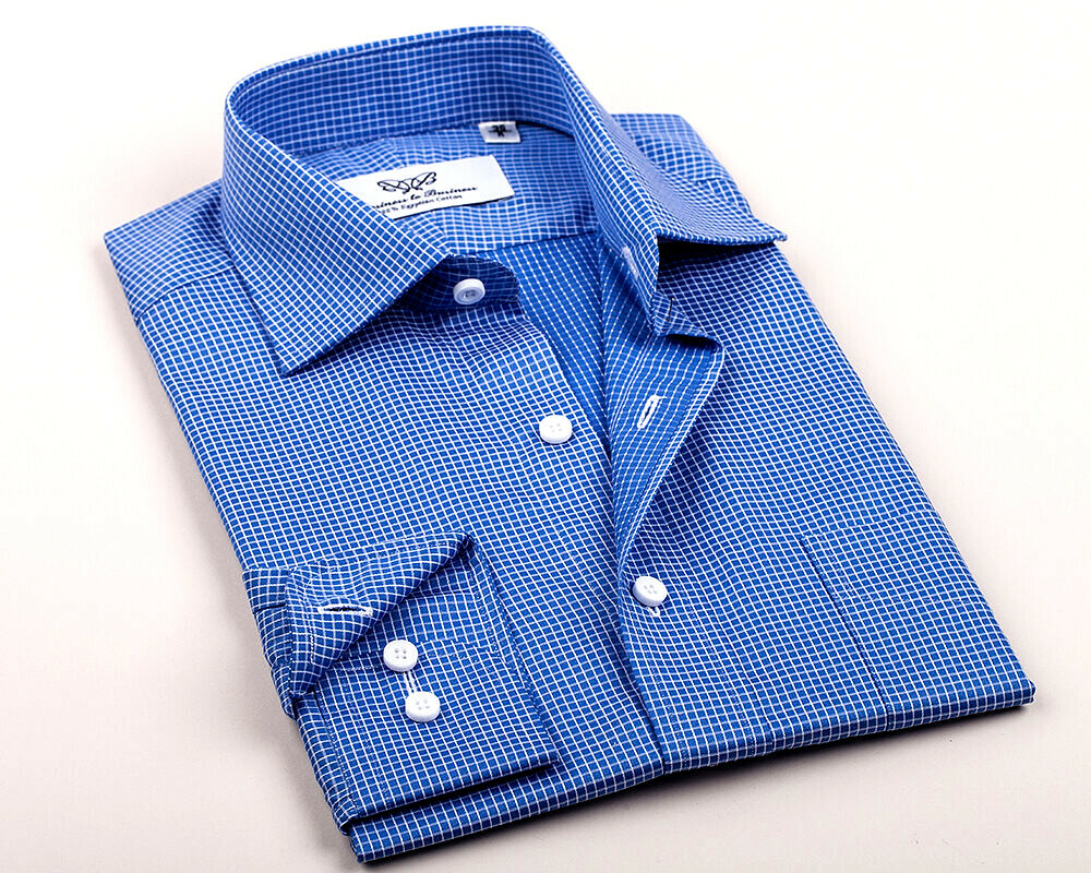 Blue Checkered Dress Shirt Luxury Business Button Cuff Soft Easy Iron Fabric