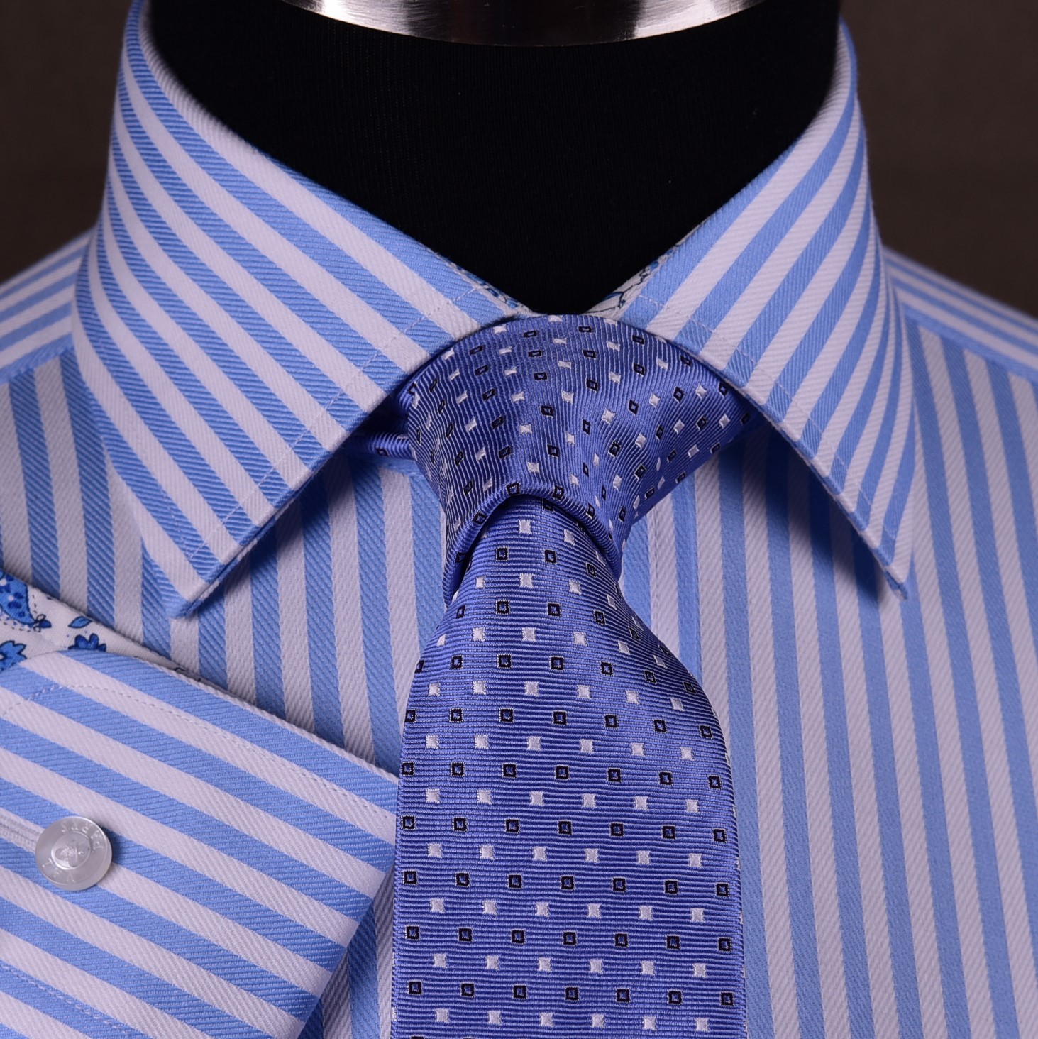 Mens Blue Formal & Business Dress Shirt Herringbone Twill Striped Floral Paisley
