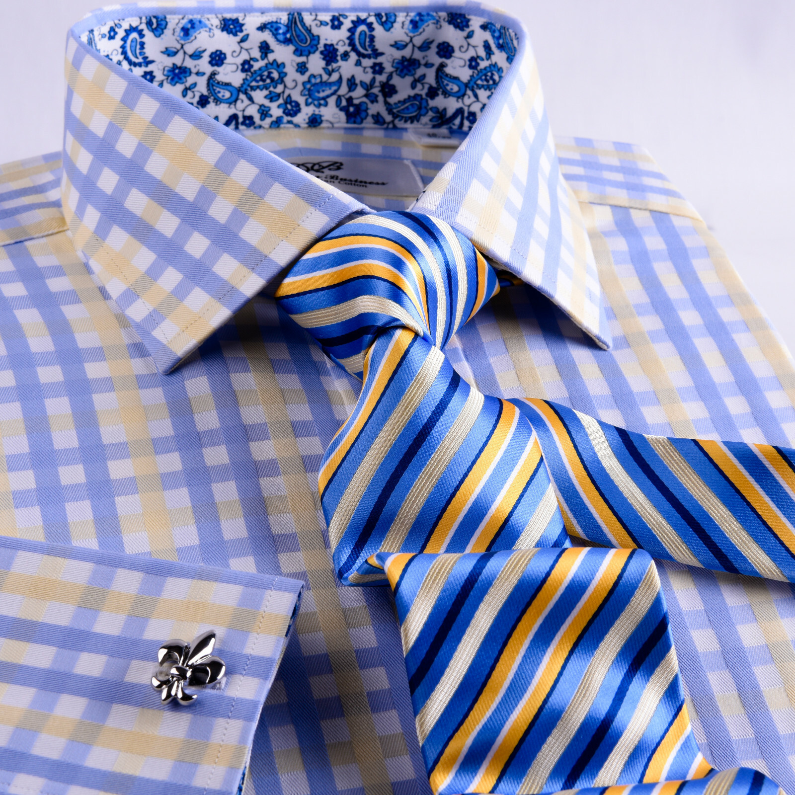 Blue Herringbone Stripe Business Dress Shirt Yellow Luxury Formal Stylish Design