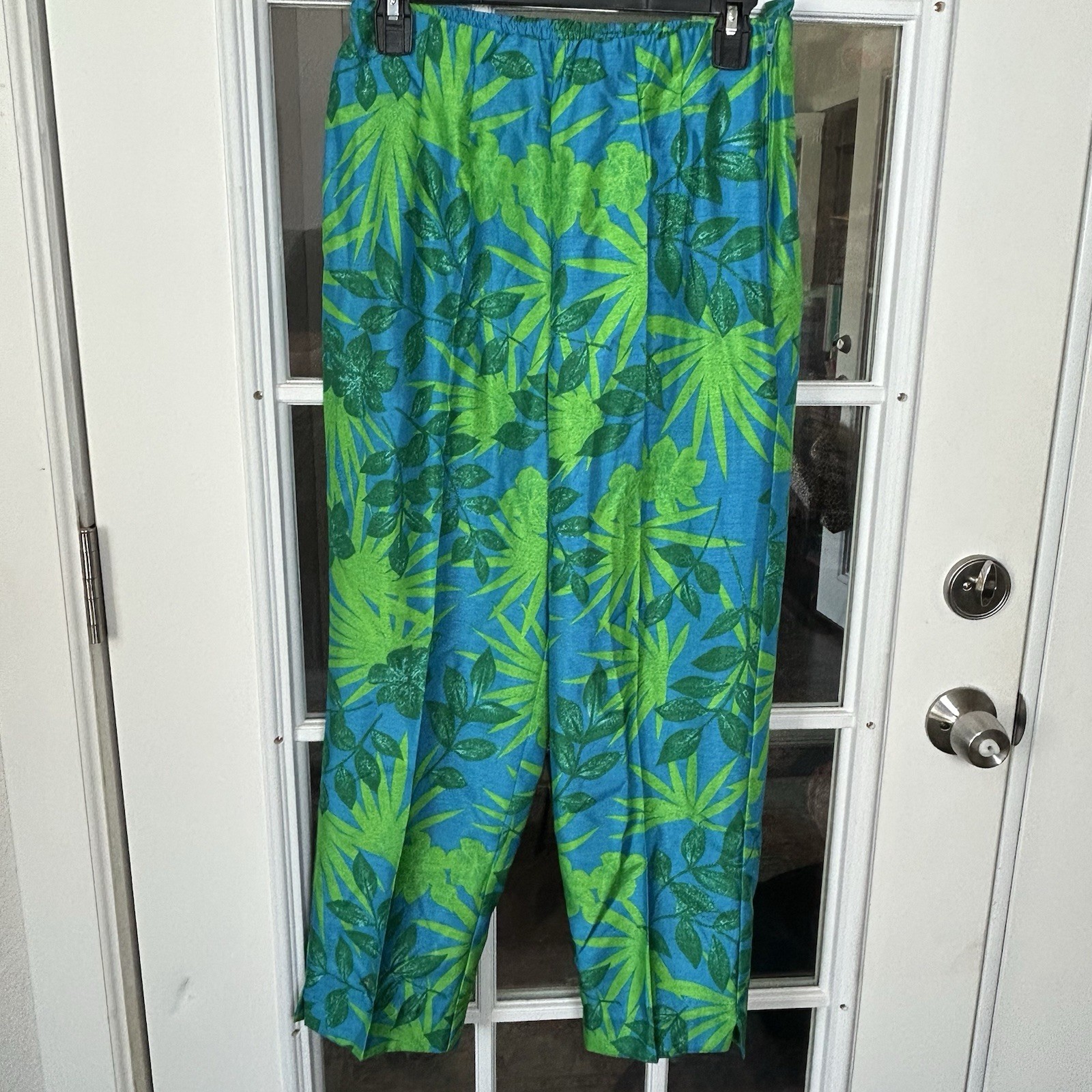 Vintage 80s 90s Tropical Palm Leaf Plant Cropped Pants Size 10 Bold Green Blue