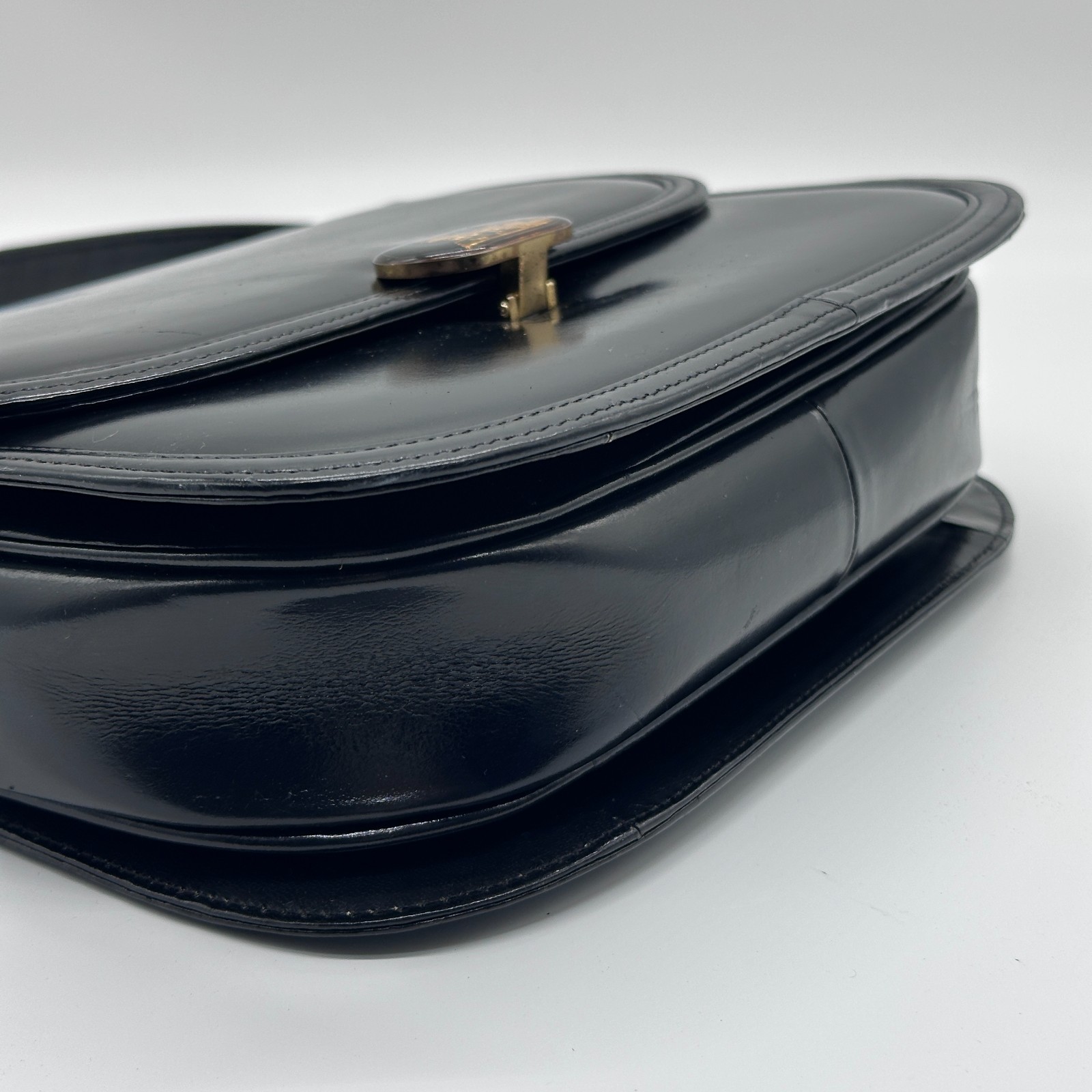 CELINE Shoulder Bag Handbag Horse Black Leather Carriage Purse Vintage Authentic