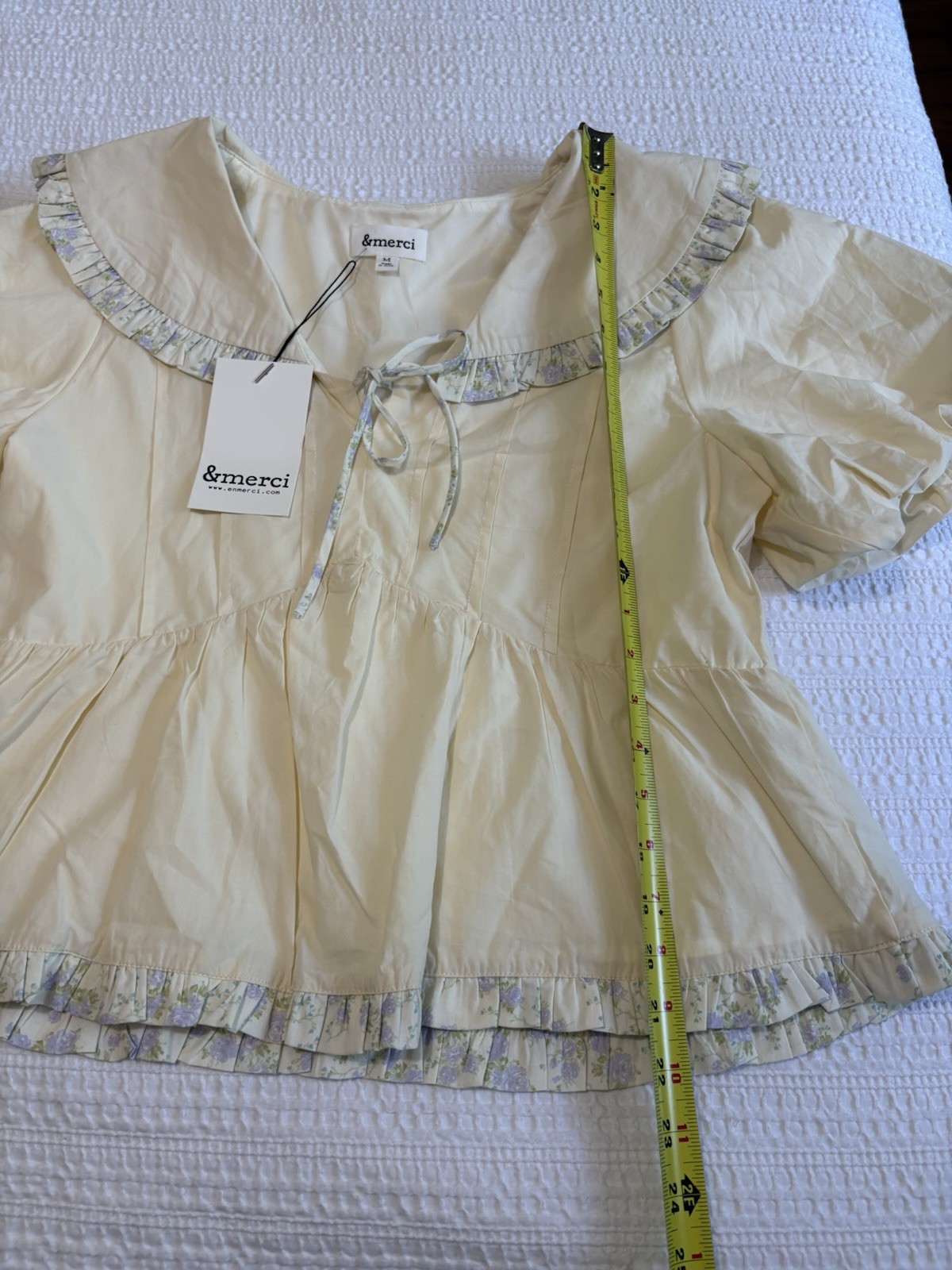 &merci NWT Medium Peter Pan Collar Puff Sleeve Babydoll Top Cream Floral