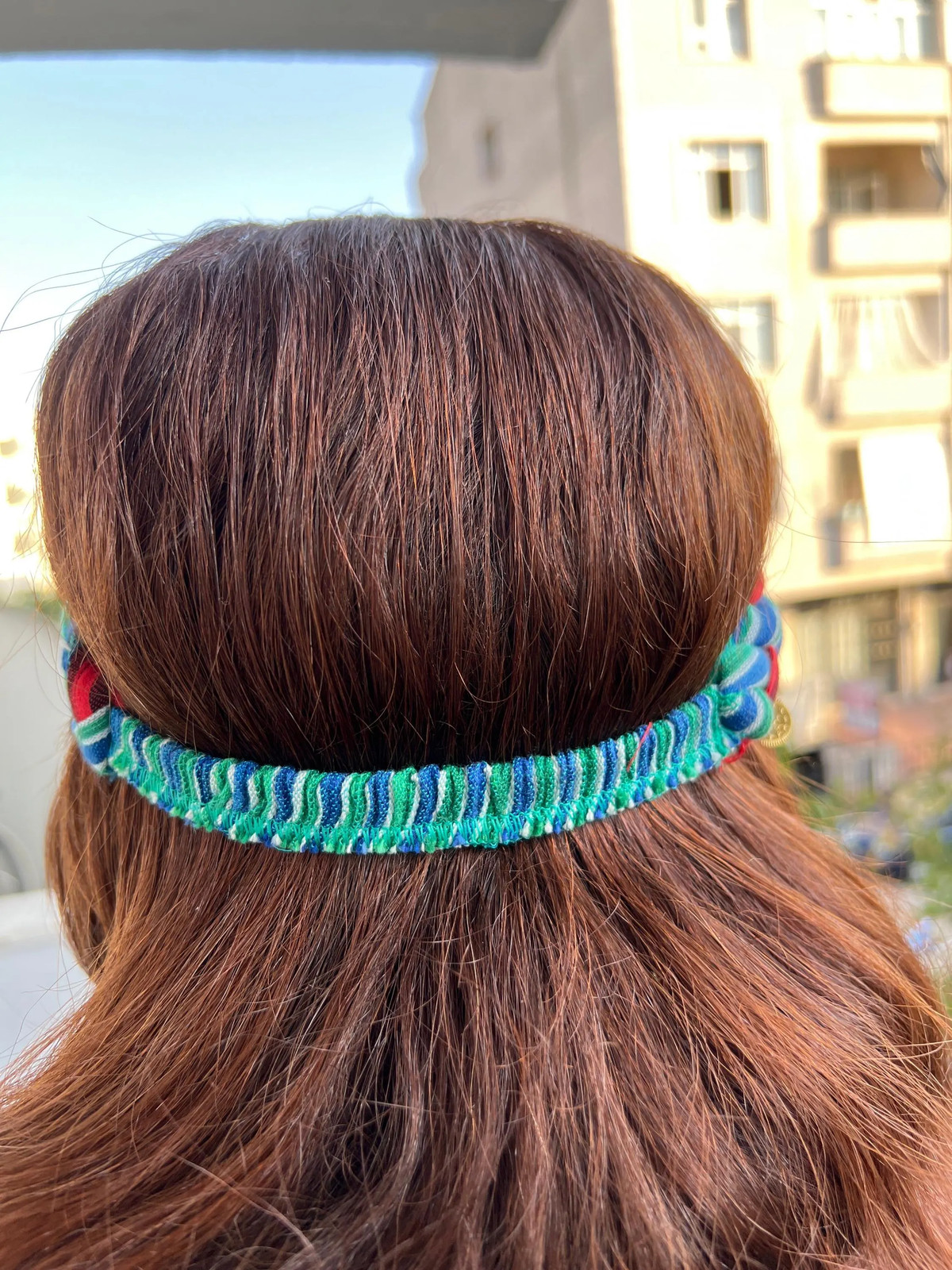 Gold Coin Handwoven Cotton Hair Band Green Blue Red Yellow Striped Handmade