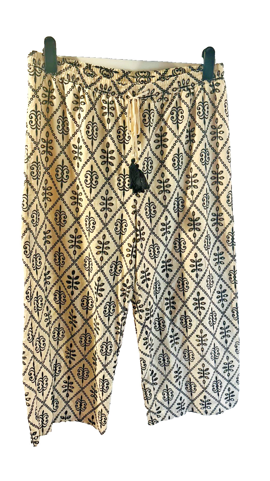 Primark 100% Cotton Embroidered Beige and Black Wide Leg Trousers, Plus Size -20