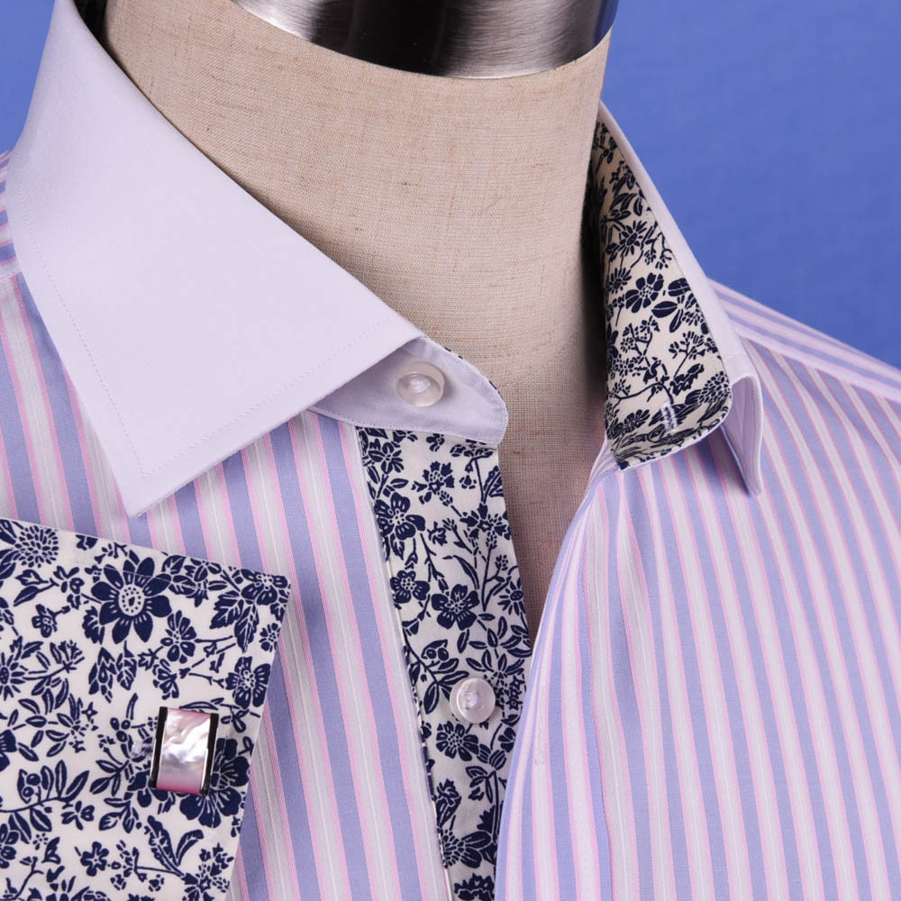 Pastel Multi-Colored Striped Dress Shirt White Poplin Contrast Cuff Business Top