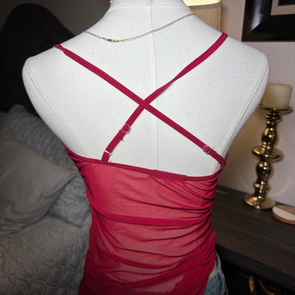 Y2K Hot Pink Sheer Lace Bow Cami Fairycore Coquette Mesh Top