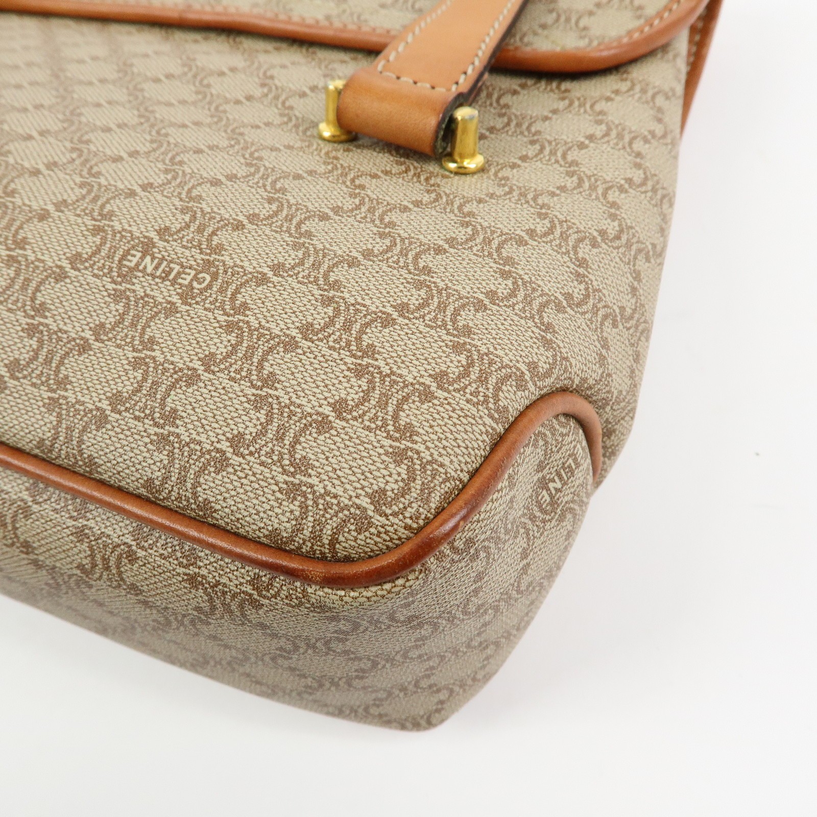 CELINE Logo Macadam PVC Leather Hand Bag Shoulder Bag Beige Brown Auth Used F/S
