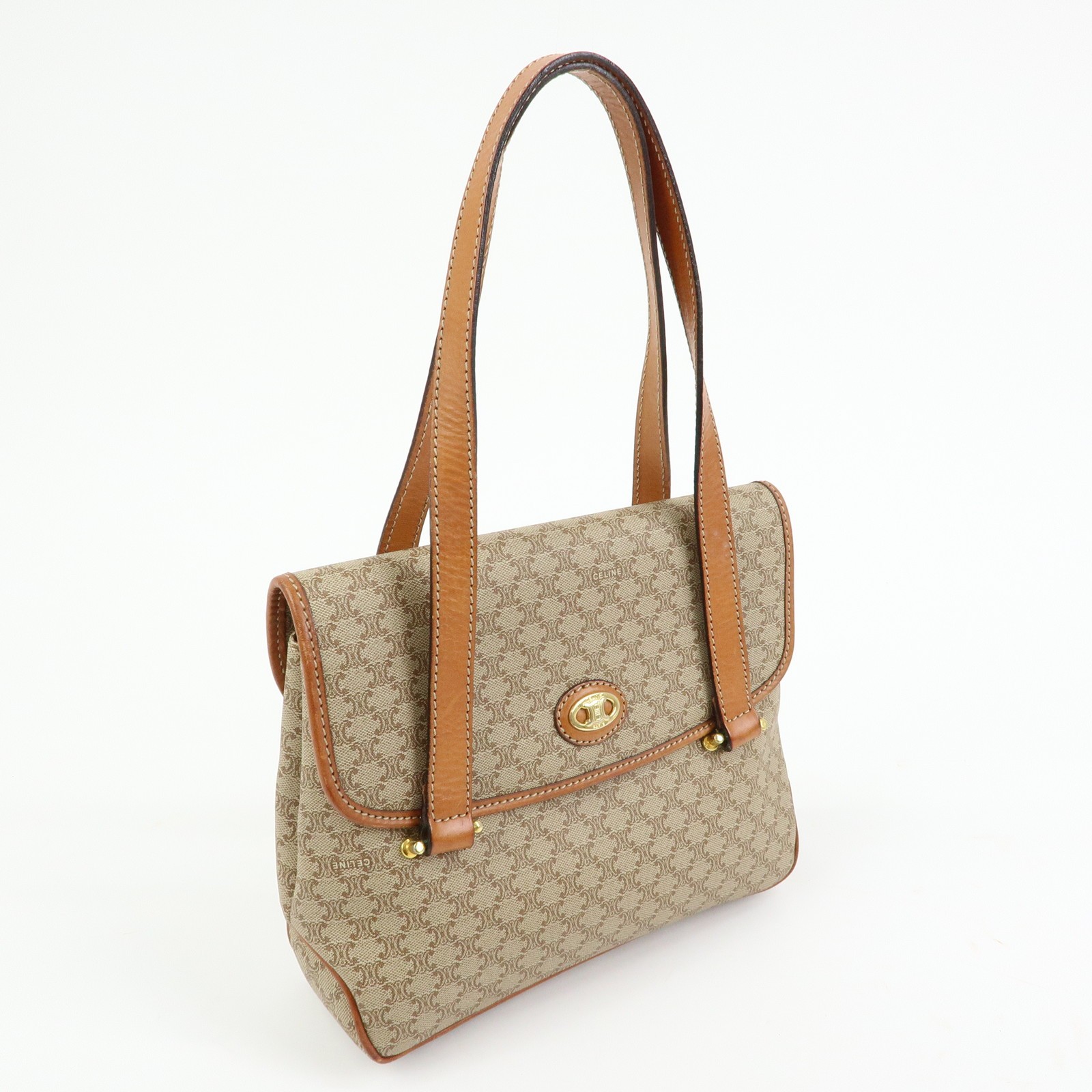 CELINE Logo Macadam PVC Leather Hand Bag Shoulder Bag Beige Brown Auth Used F/S