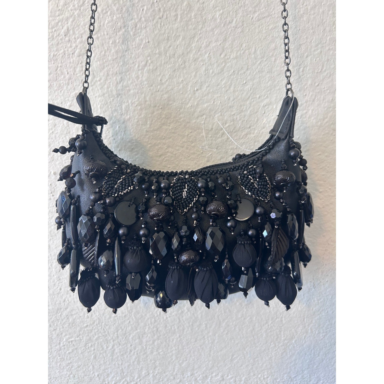 MARY FRANCES Handmade Black Beaded Bauble Mini Handbag Crossbody Chain Bag $215