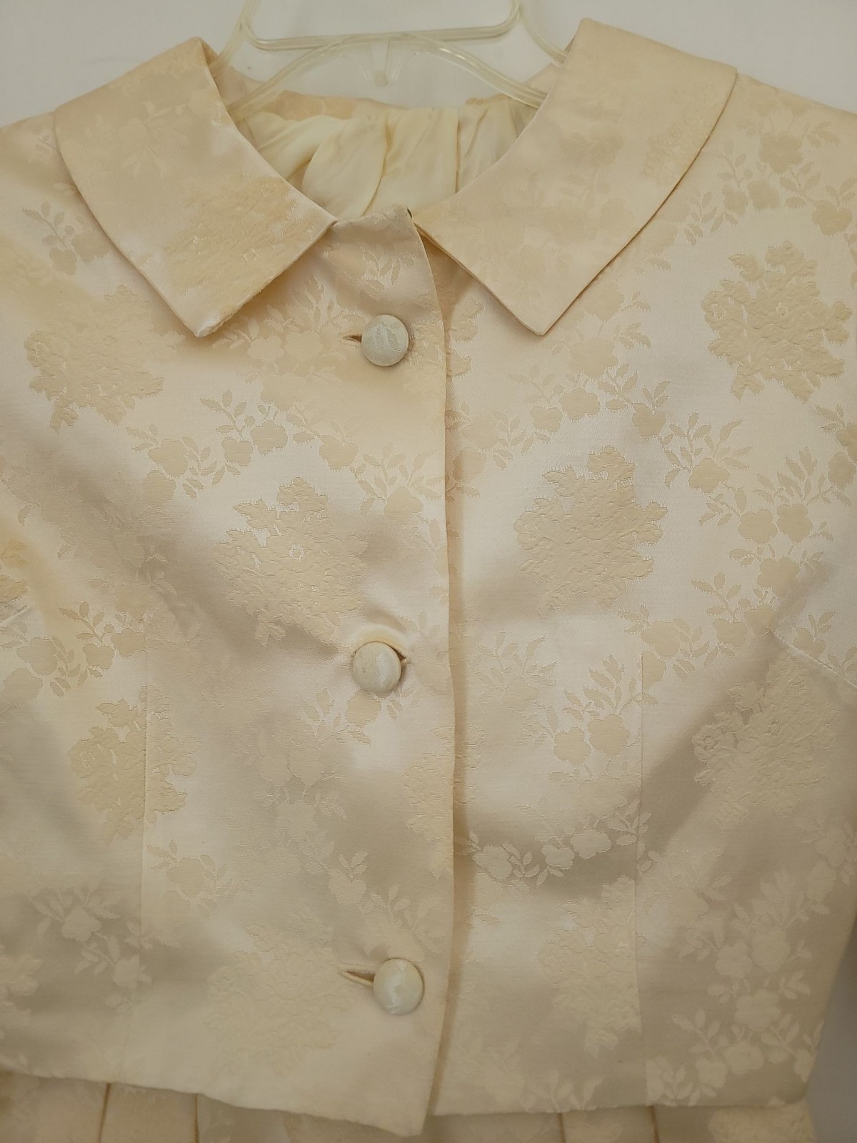 Vintage 50s/60s Ivory Brocade Floral Jacquard Dress & Cropped Jacket Set S/M