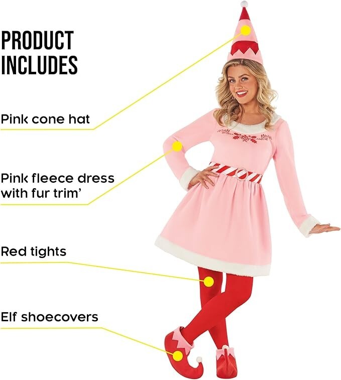 Womens Jovie Elf Costume Tights Pink Santa`s Helper Christmas Party Dress S-3XL
