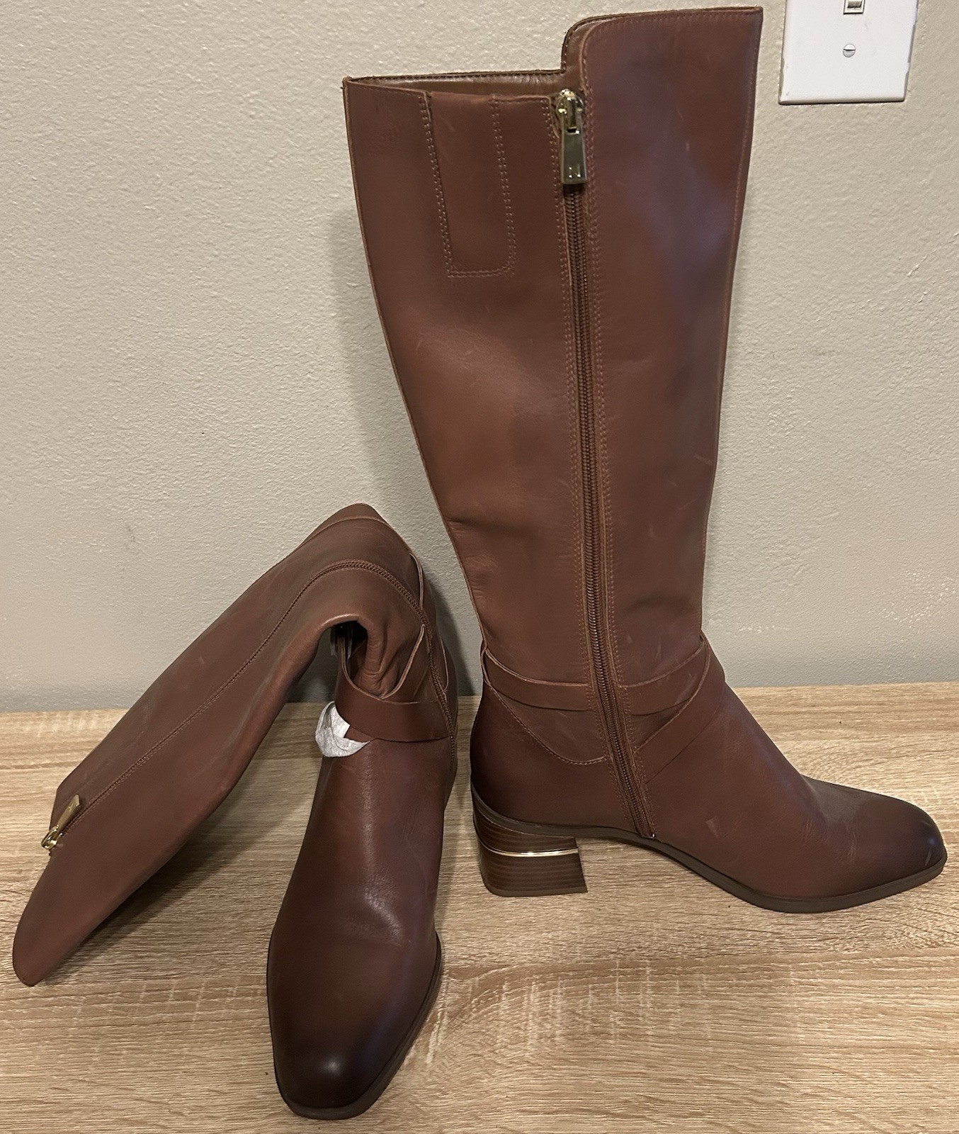 Brown Leather Knee-High Riding Boots Side Zip Almond Toe Stretch US 8.5