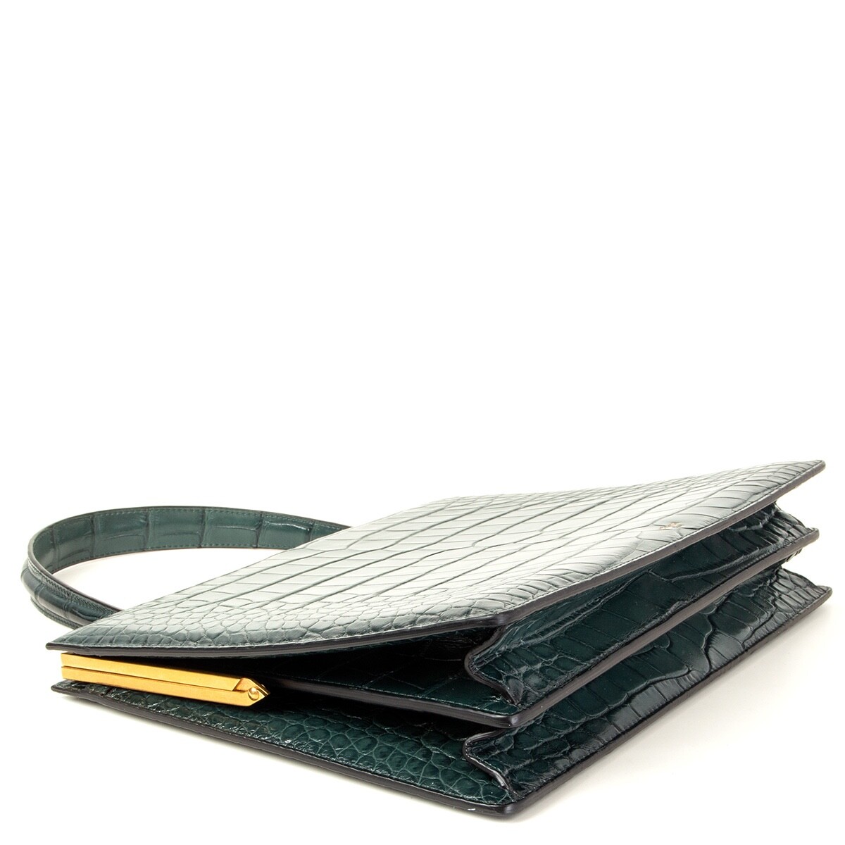 63581 auth CELINE Cypress green CROCO MEDIUM CLASP Top Handle Bag
