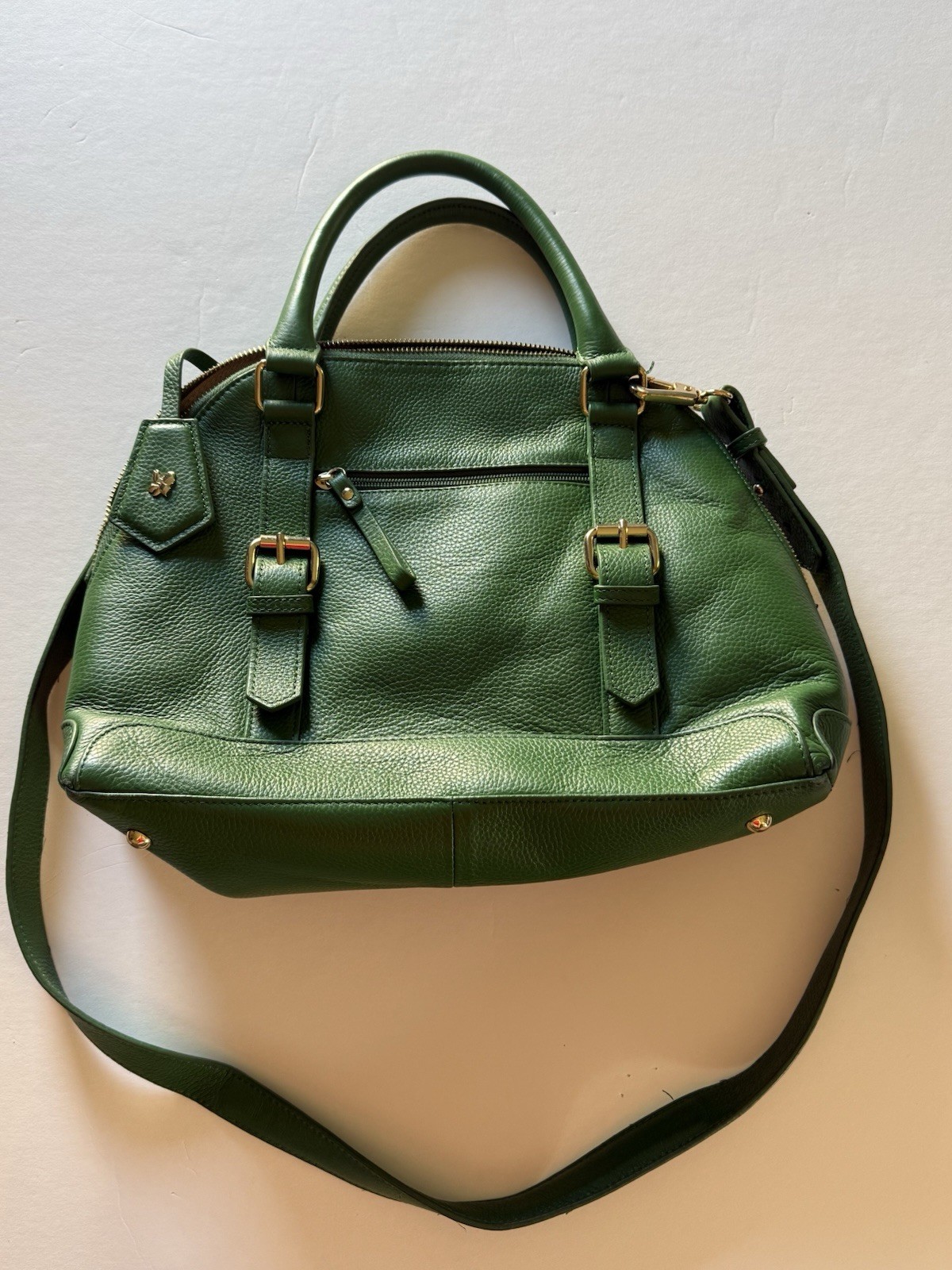 Ora Delphine Green Pebbled Satchel Top Handle Detachable Strap Gold Zip