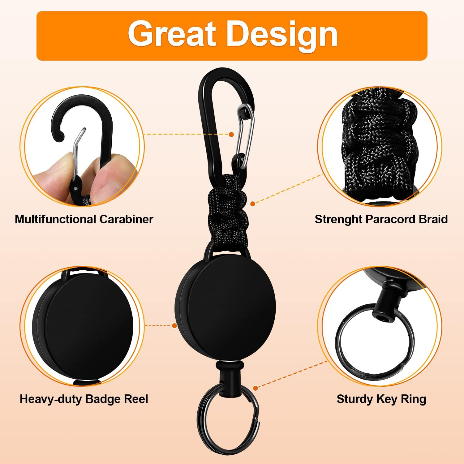 Retractable Keychain 3 Pack Heavy Duty Carabiner Badge Holder Extendable Reel ID
