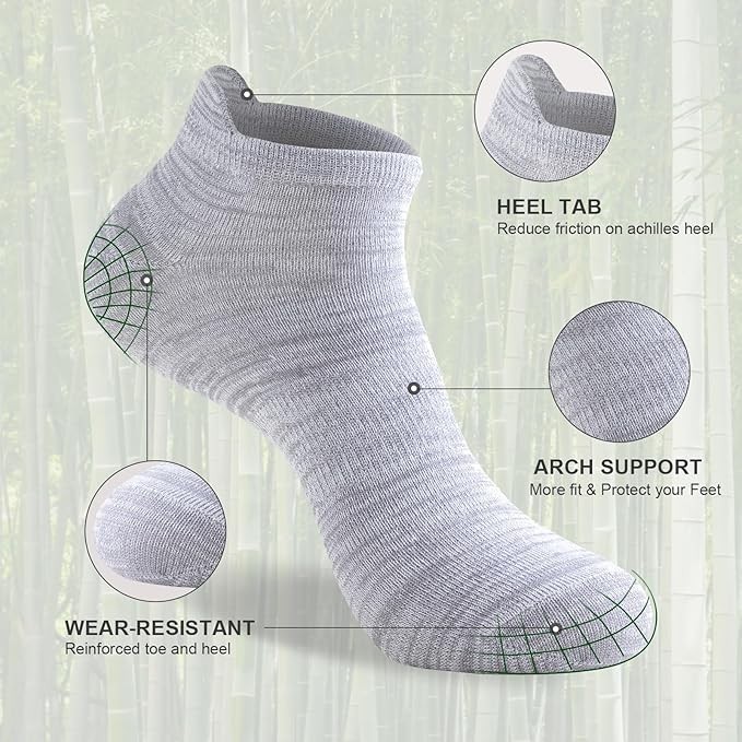 Mens Bamboo Ankle Socks with Heel Tab Low Cut Thin Athletic Performance 6 pairs