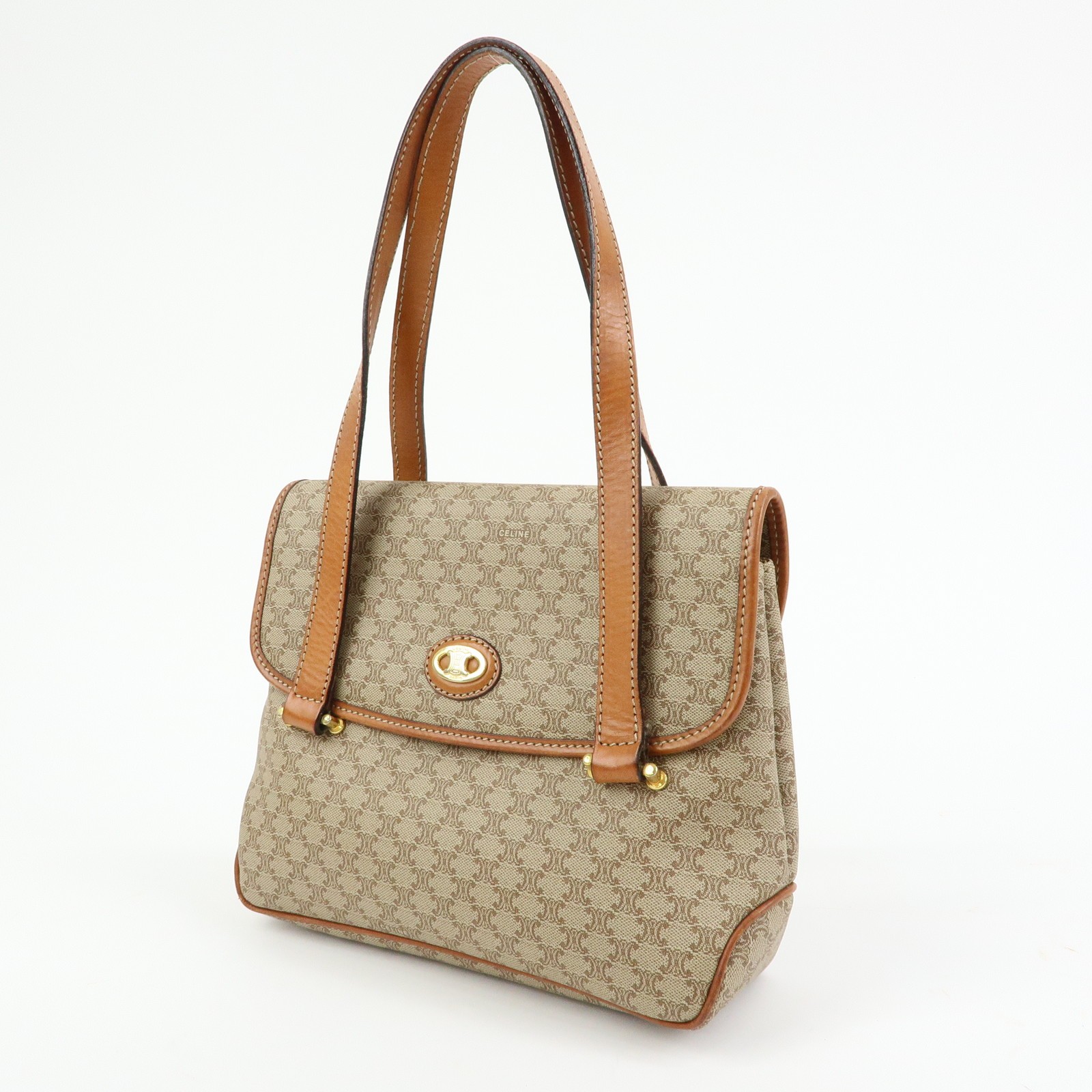 CELINE Logo Macadam PVC Leather Hand Bag Shoulder Bag Beige Brown Auth Used F/S