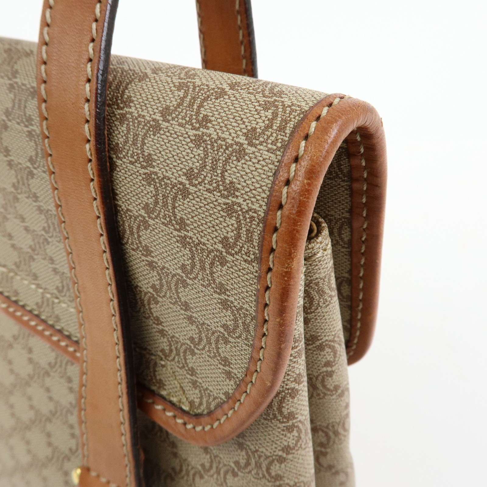 CELINE Logo Macadam PVC Leather Hand Bag Shoulder Bag Beige Brown Auth Used F/S