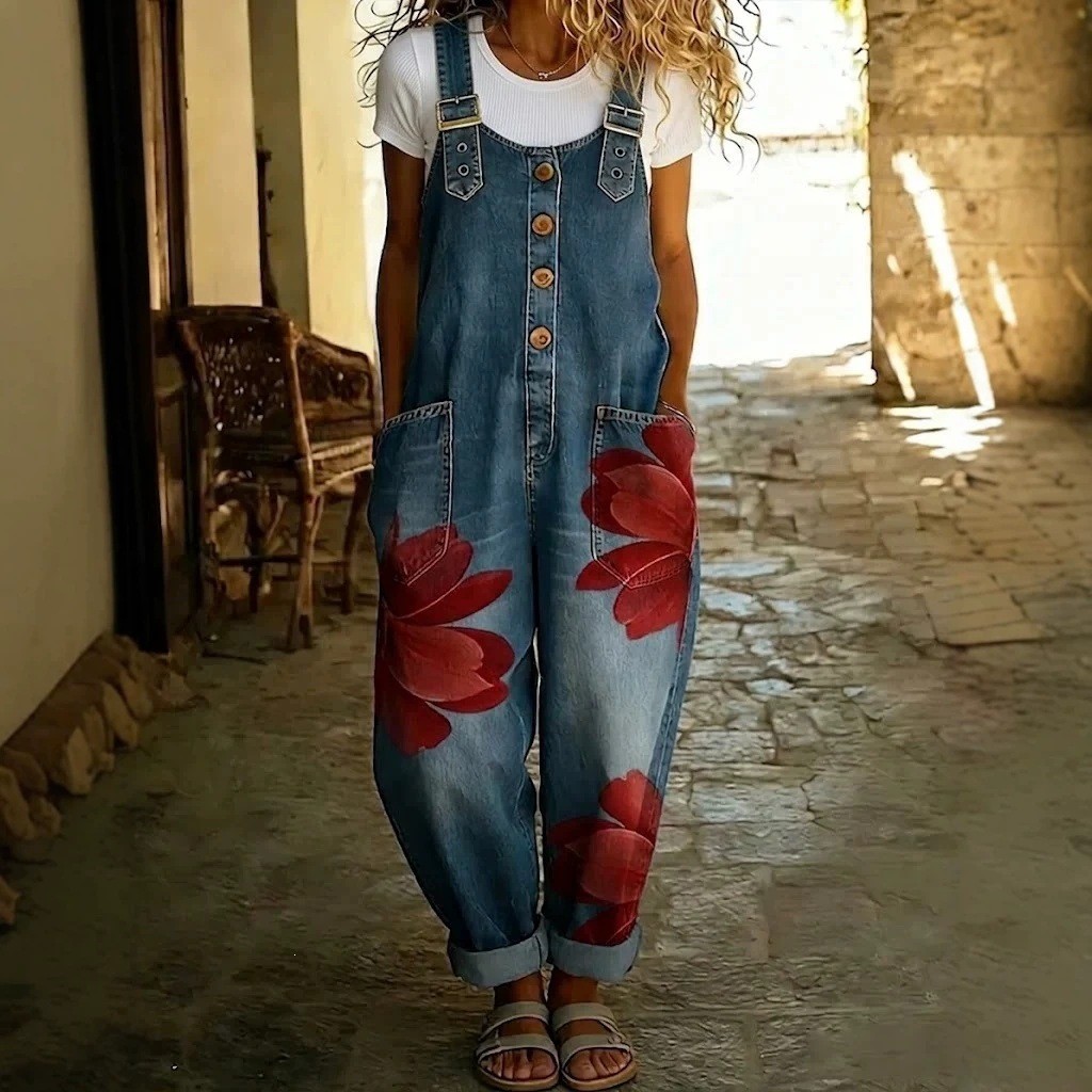NEW Womens Denim-Style Jumpsuit With Floral Print