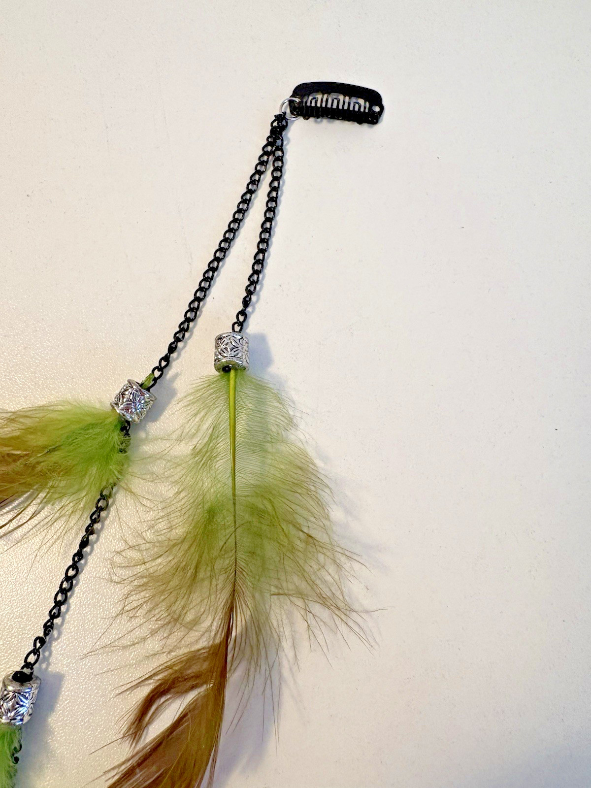 Hair CLips Decorative Hair Clip Green Feathers Silver Beads 1PCS