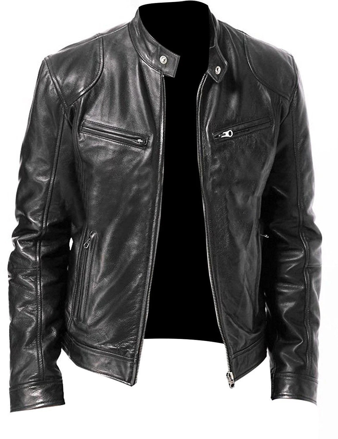 Black & Brown Soft Sheep Skin Leather Cafe Racer Biker Leather Jacket
