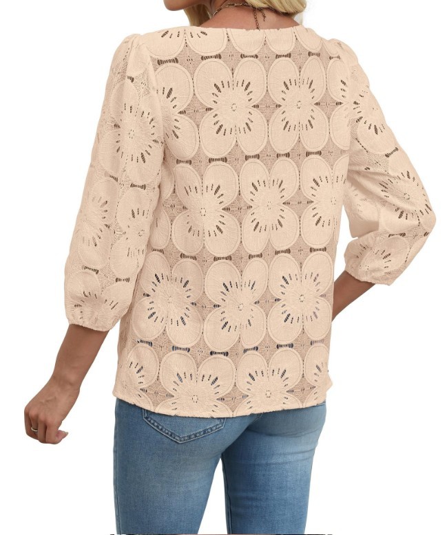 Summer Women’s Crew Neck Lace Blouse 3/4 Sleeve Hollow Out Casual Shirt
