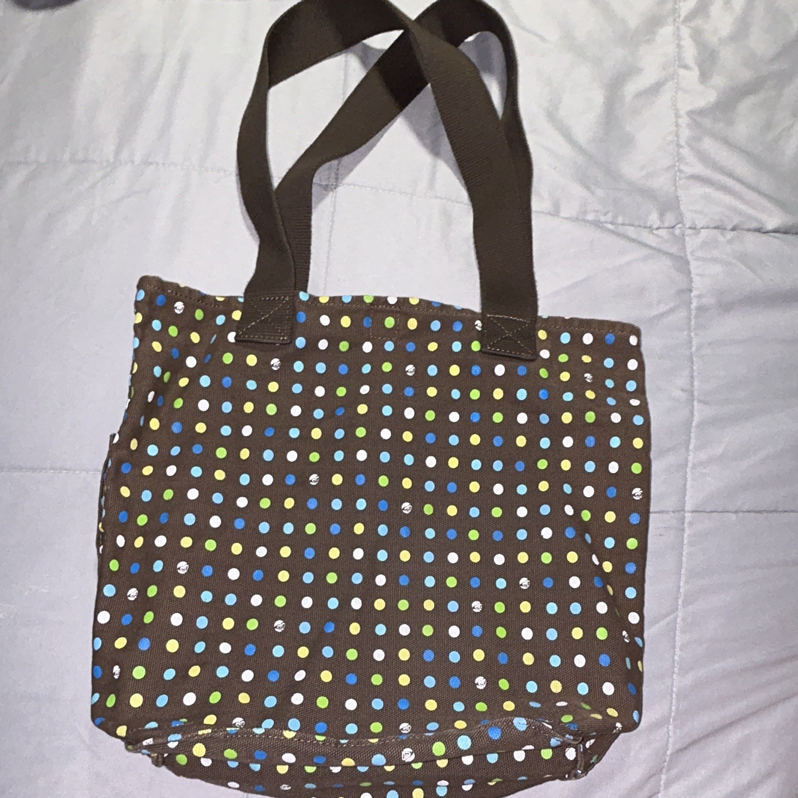 ROXY Brown Multicolor Polka Dot Tote Bag, Outer Pockets, Open, Double Handles
