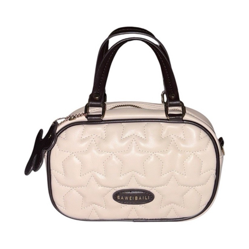 SAWEIBAILI White Quilted Satchel Top Handle Zip Bag Detachable Bear Charm