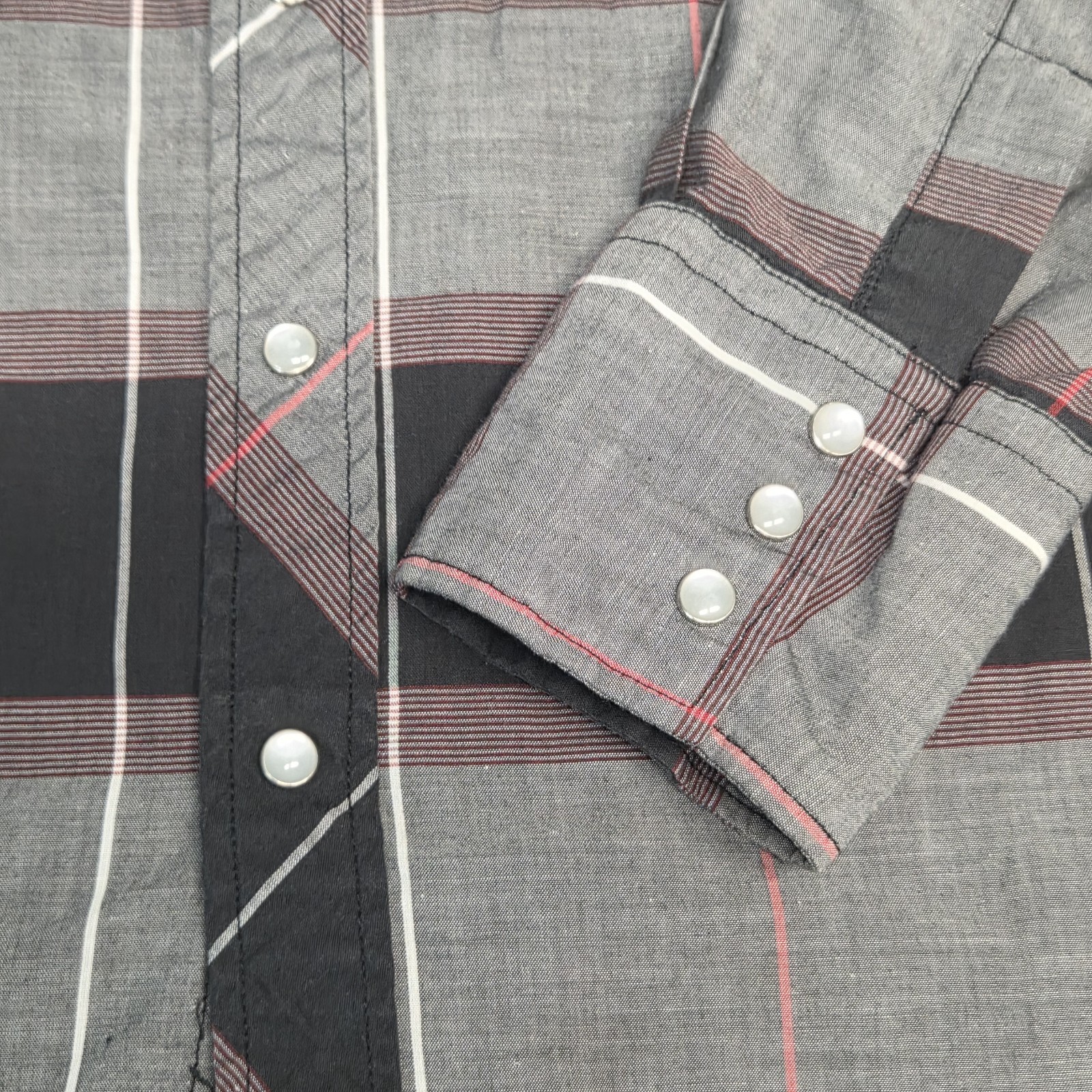Authentic Western Youngbloods Pearl Snap Shirt Mens Large Gray Black Plaid Long
