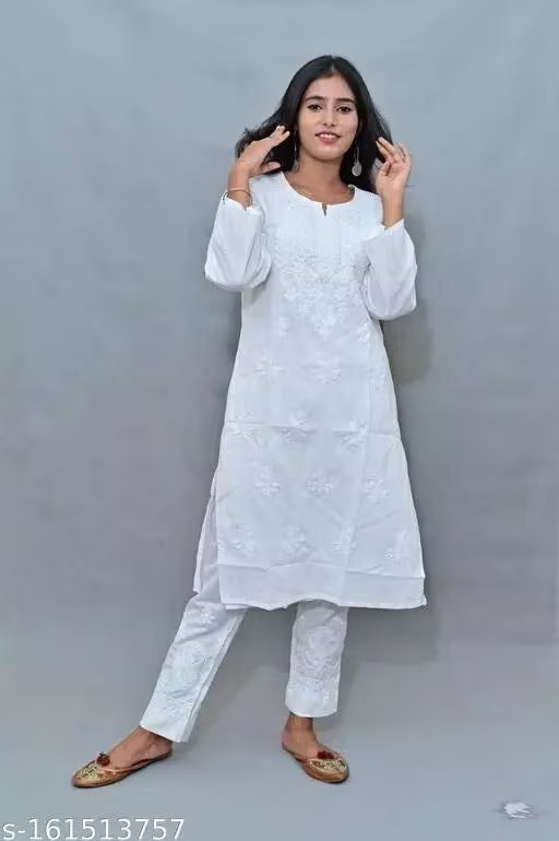 White Cotton Chikankari Kurti with Pant Set | Lucknowi Hand Embroidered Suit