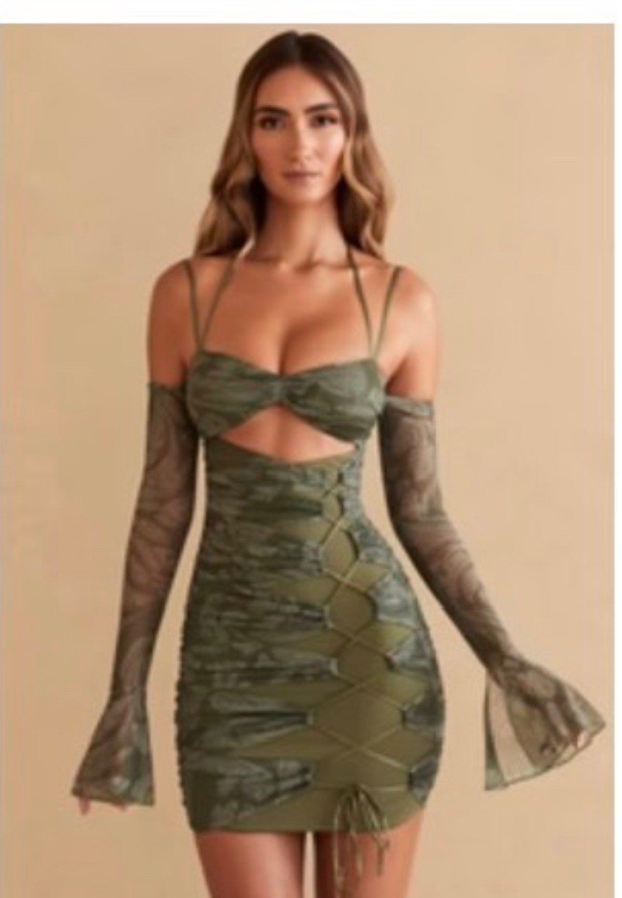 Oh Polly Olive Green Lace Up Cut Out Mini Dress Size 12 NWT