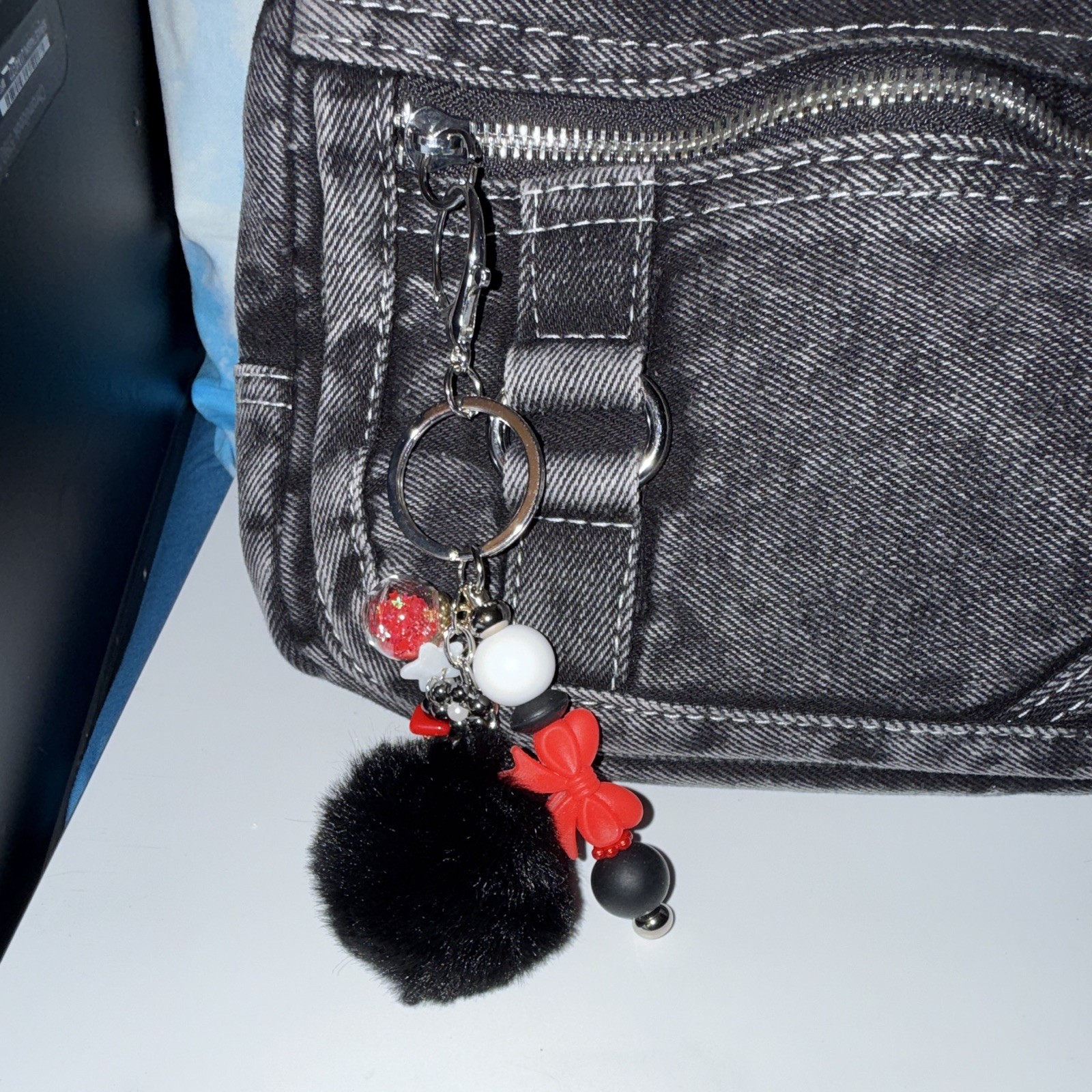 Black Faux Fur Pom Pom Bow Beaded Key Chain/Bag Charm w/Keyring