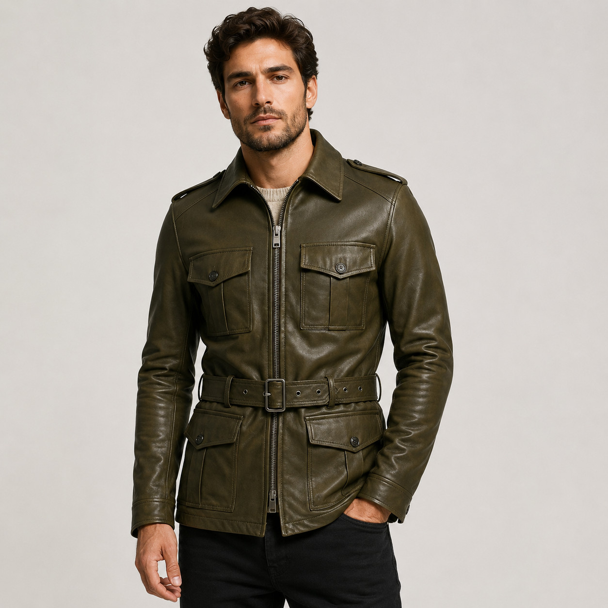Men’s Olive Leather – Field Jacket Belted Military Style – Utility Coat – Zip Up
