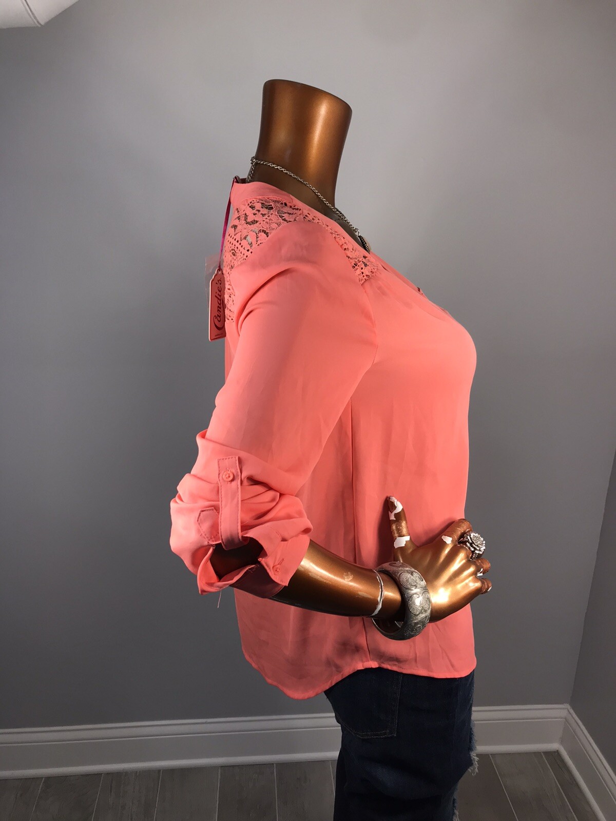Candie’s L Top Lace Mesh Yoke NWT $38 Coral 1/2 Button Up Shirt Blouse Low V Cut