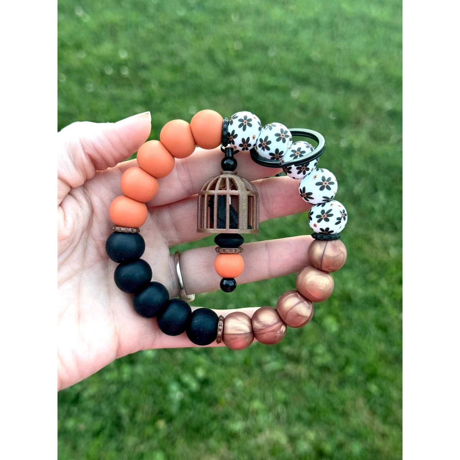Handmade Caged Raven 3D Printed Bead Wristlet Keychain Orange Black Floral