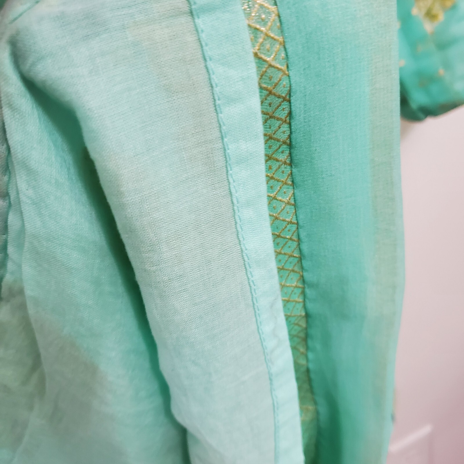 Handmade Kurta Tunic Style Mint Green Ethnic Boho Art LagenlookGold Trim