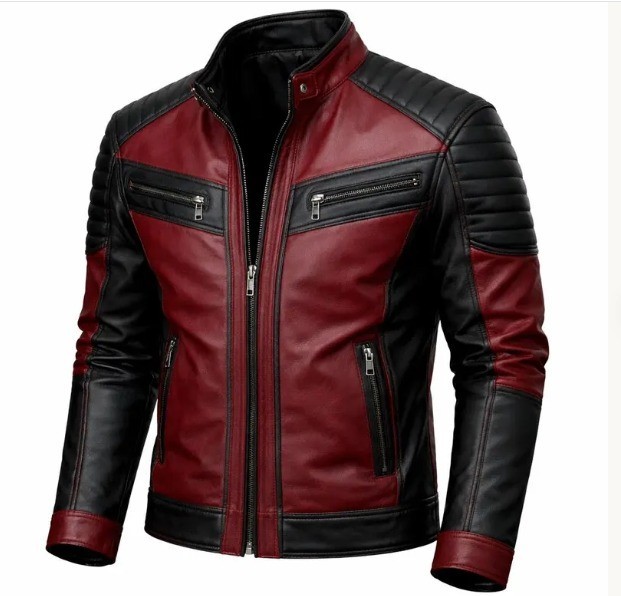 Men’s Vintage Red Black Leather Motorcycle Biker Jacket Cafe Racer Coat