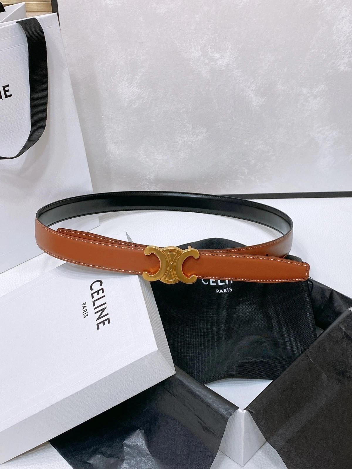 Celine Brown Double-sided Belt for Women in Tan 85 Size