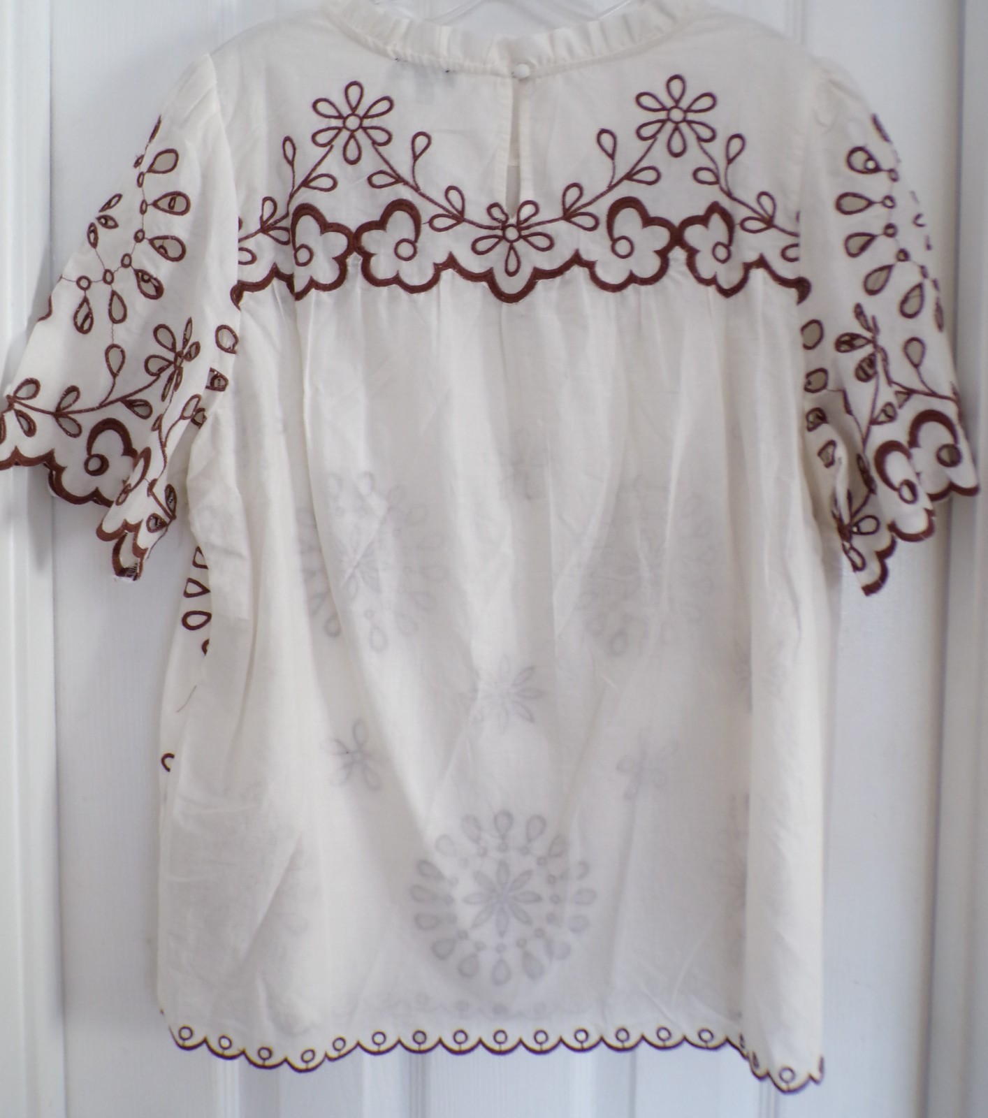 NWT NEW SUMMER TALBOTS SIZE LARGE EMBROIDERED VOILE TOP IVORY / BROWN $119.00