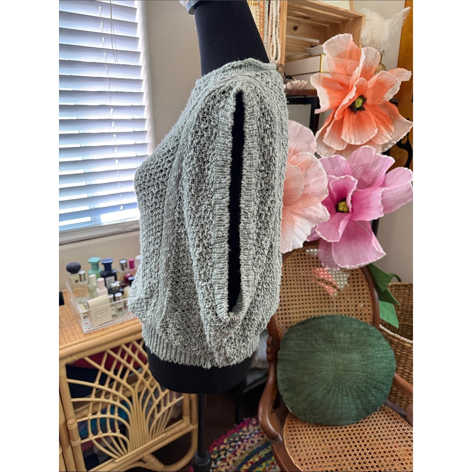 Vintage 80s/90s Liz Sport Gray Green Open Sleeve Knit Boho Rollneck Sweater