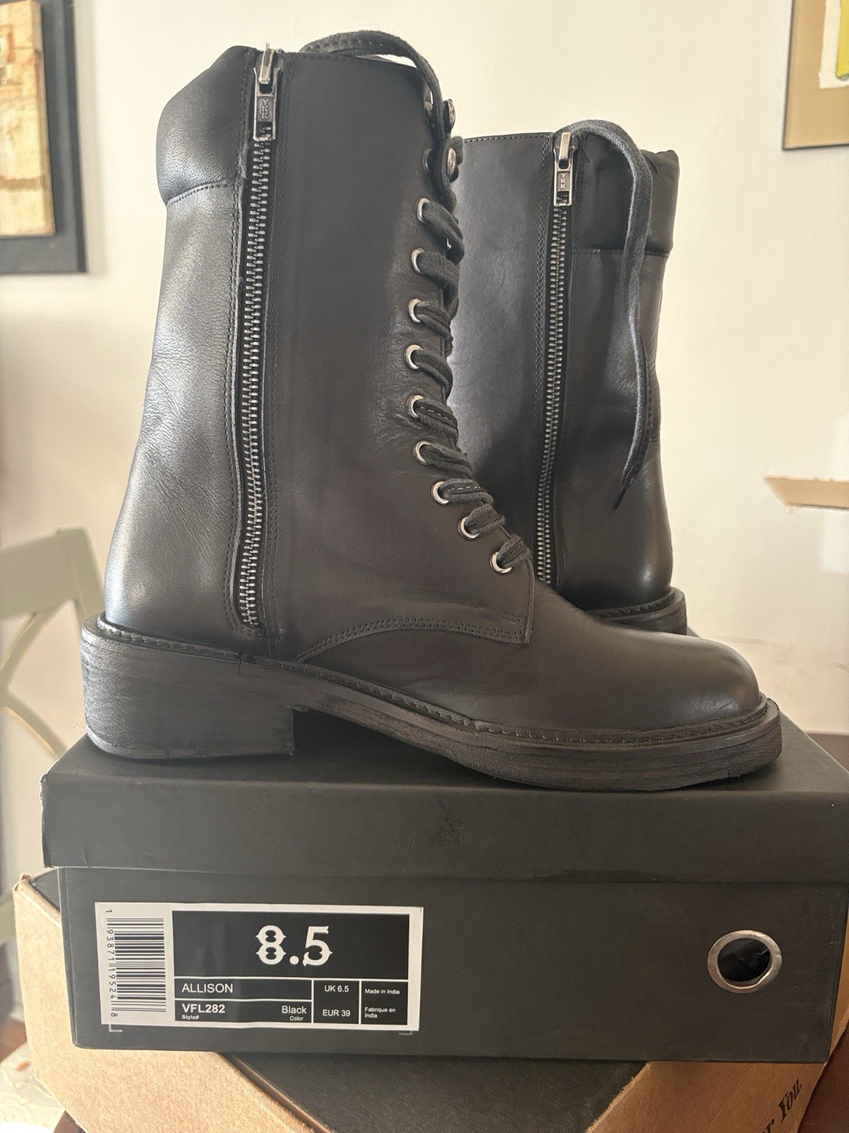 Vintage Foundry Co. Allison Black Leather Lace-Up Side Zip Combat Boots 8.5