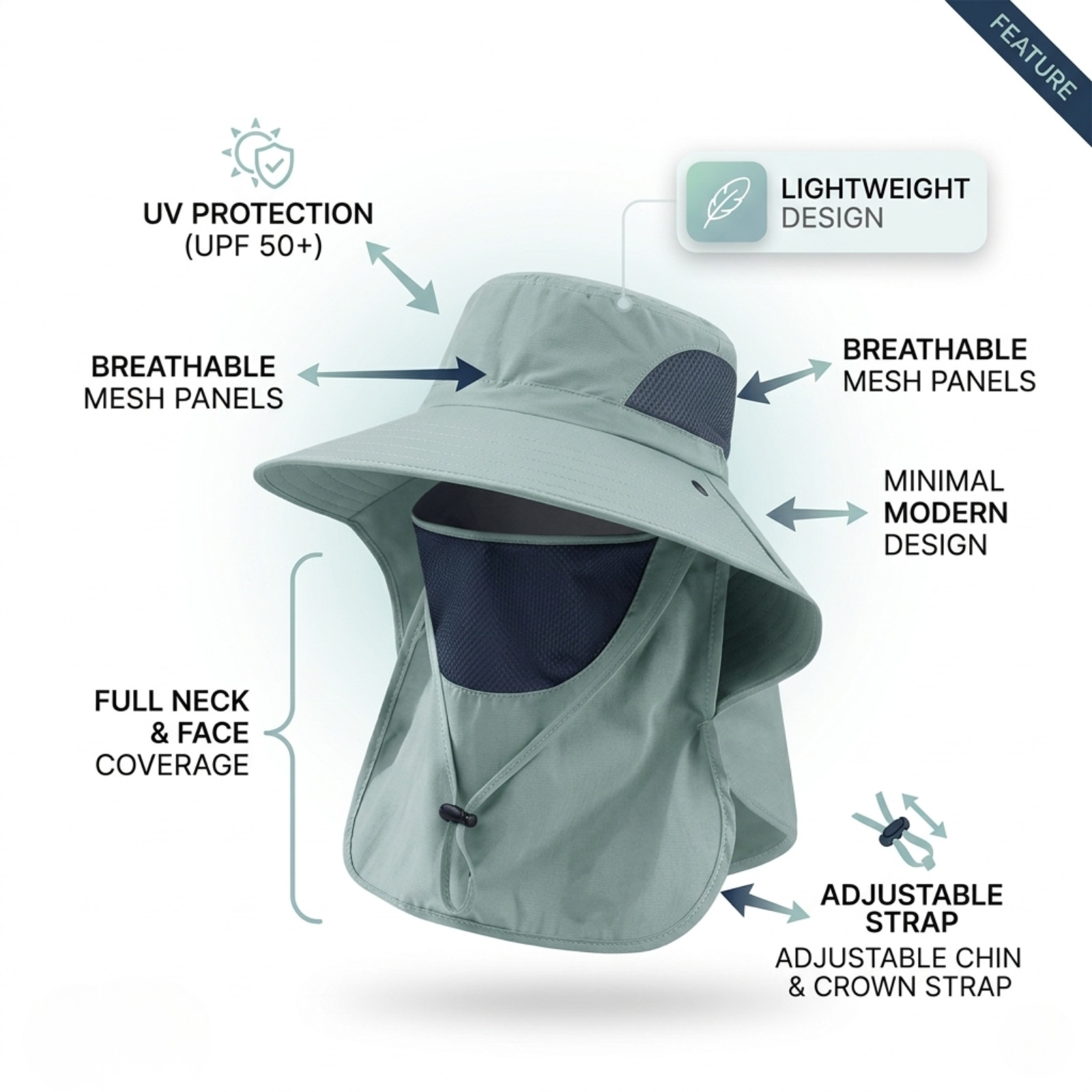 Sun Hat with Neck Flap Face Cover UPF 50+ Wide Brim Fishing Hiking Cap Men Women
