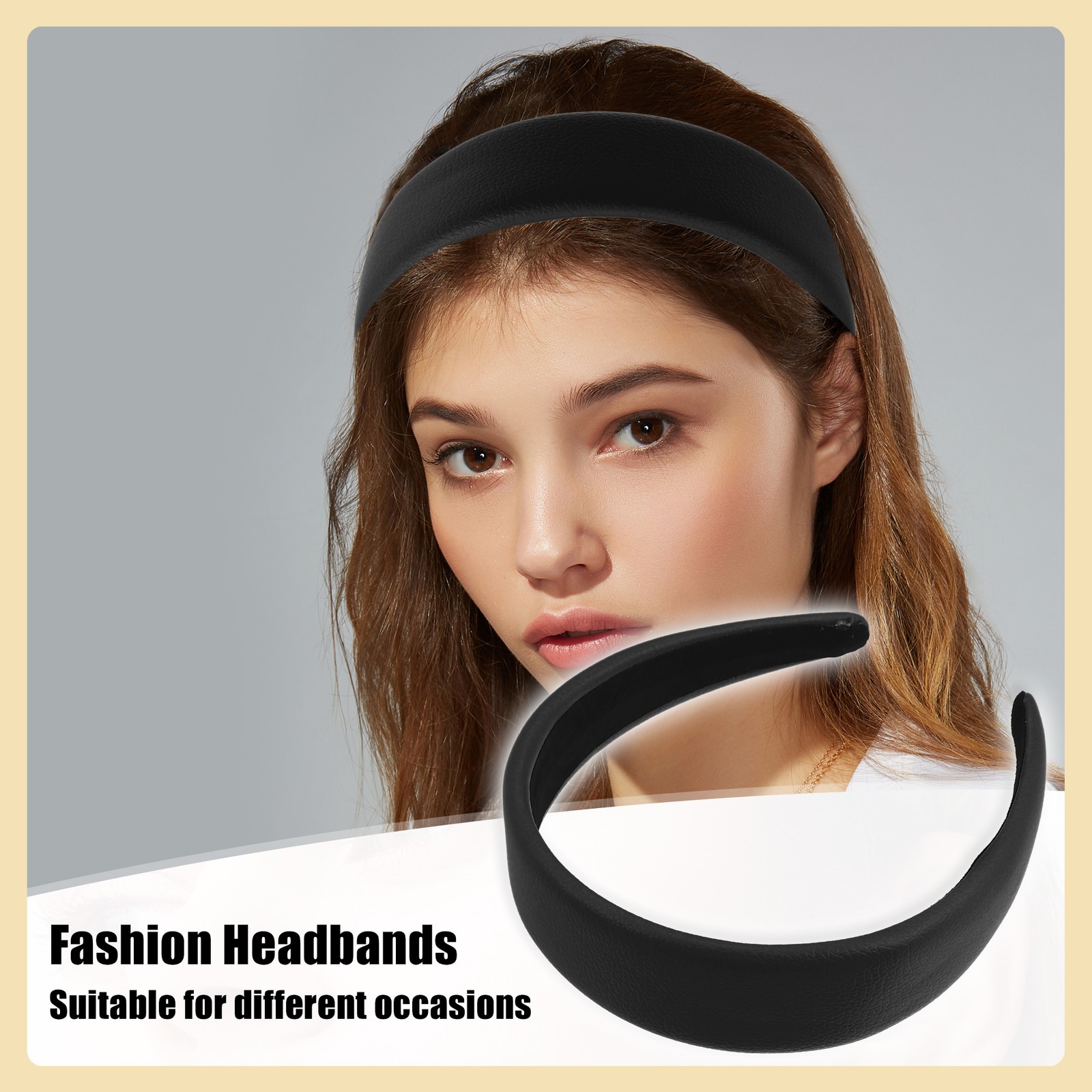 1Pcs Women Headbands Solid Colors Faux Leather Hard Hair Bands 1.6″ Wide Black