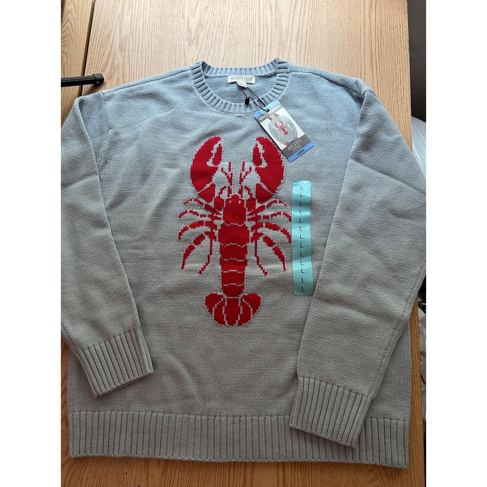 New Women’s Mighty Fine Lobster 🦞 Print Sweater Cotton Acrylic Baby Blue Large