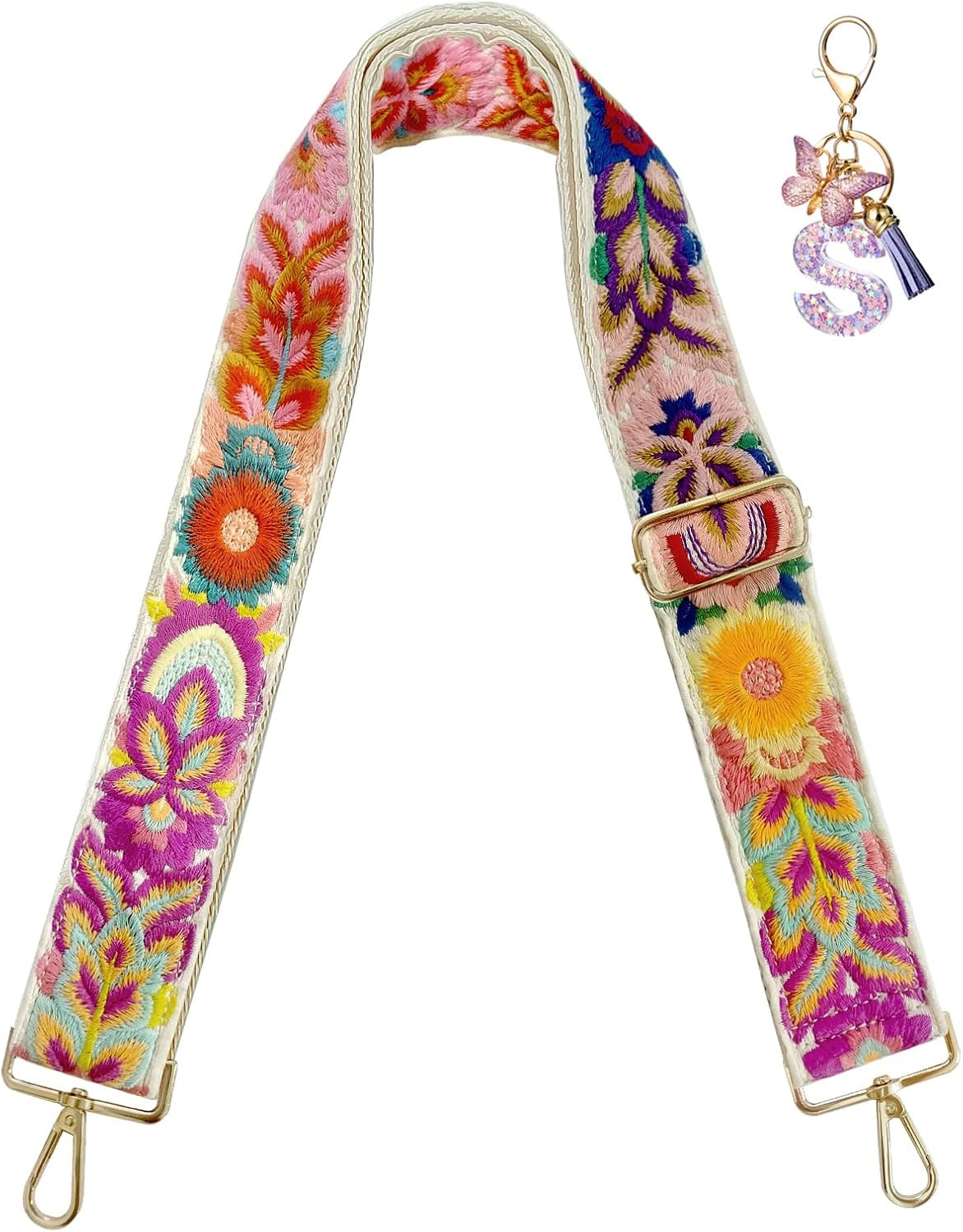 Embroidery Flower Purse Strap Replacement Crossbody 2 Inch Wide with Letter S Ke